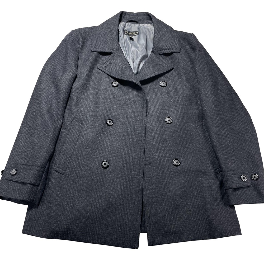 Pronto Uomo Coat Mens Large Gray Wool Blend Pea Coat Check Wool Lined Winter‎